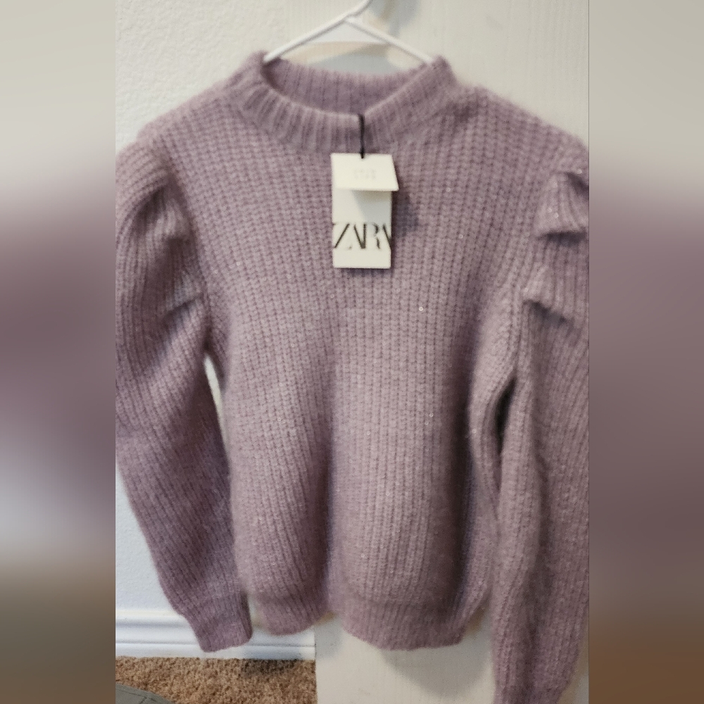 Zara Purple Crew Neck Sweater with Ribbed Texture